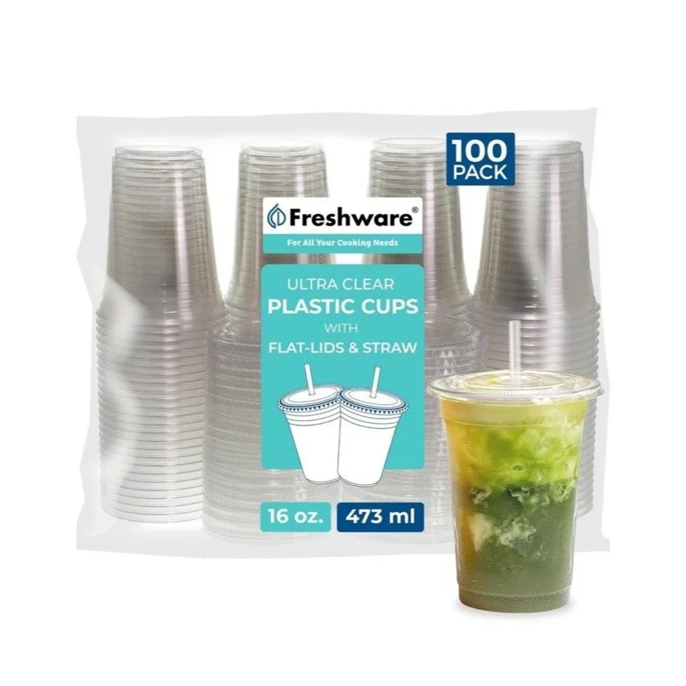 100 Pack -16 oz  Clear Disposable Plastic Cups  With Flat Lids And Straws